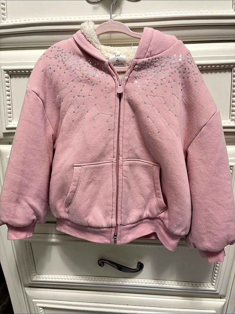 Gap Girls Pink Sequin Sherpa zipped hoodie Size 4 Like New